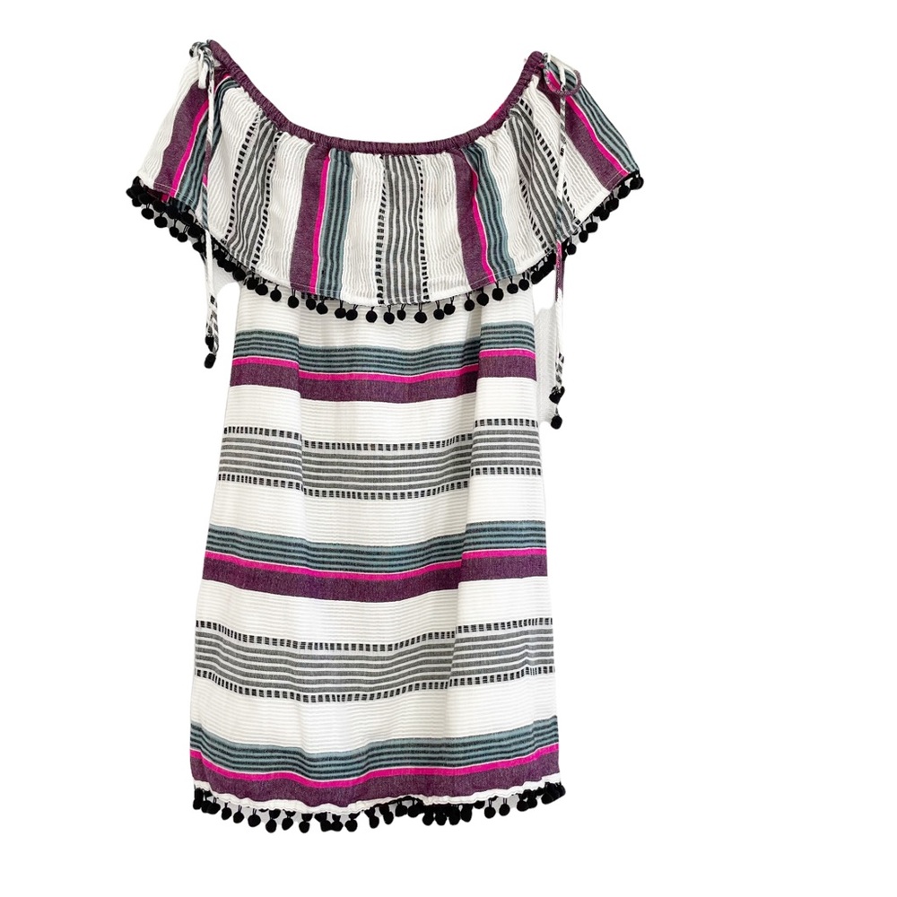 Saylor Angie Striped Off The Shoulder Dress Pom Poms XS